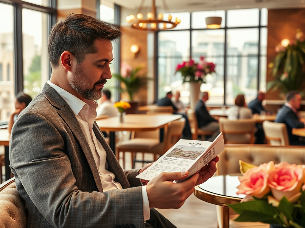 A man in a suit reads a document at a stylish café, with flowers and people in the background.