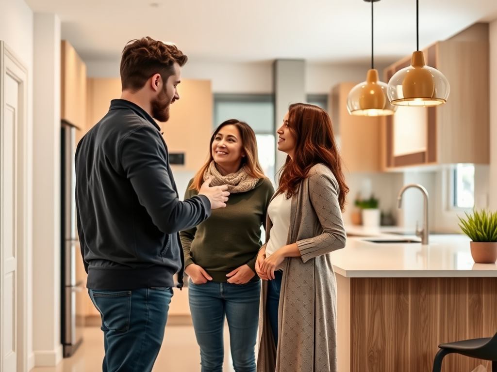 Three people are chatting in a modern kitchen, smiling and engaging in conversation. Stylish interior design is visible.