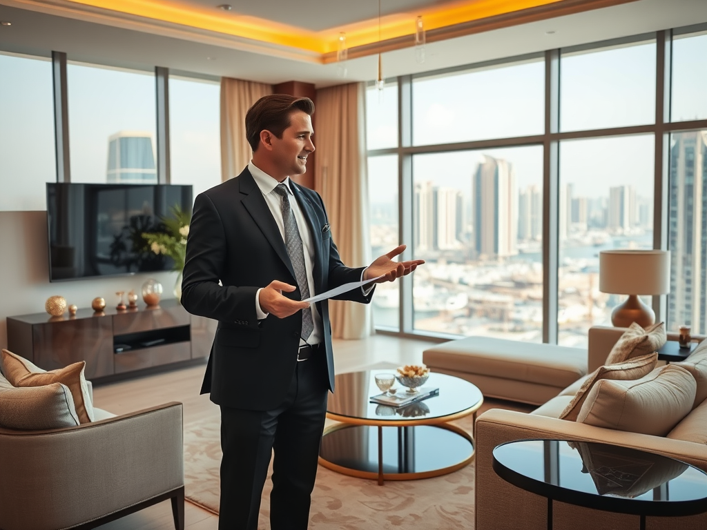 A well-dressed man stands in a modern living room, holding papers and looking out at a city skyline through large windows.