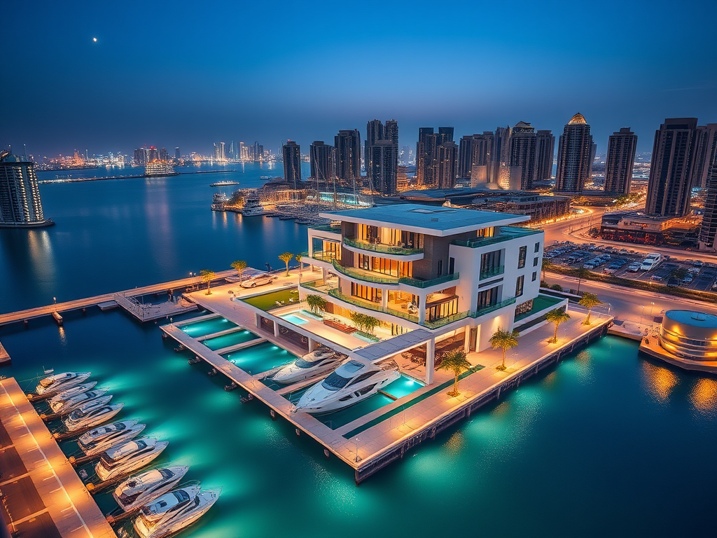 A luxurious waterfront villa at night, surrounded by yachts and city skyscrapers shimmering with lights.