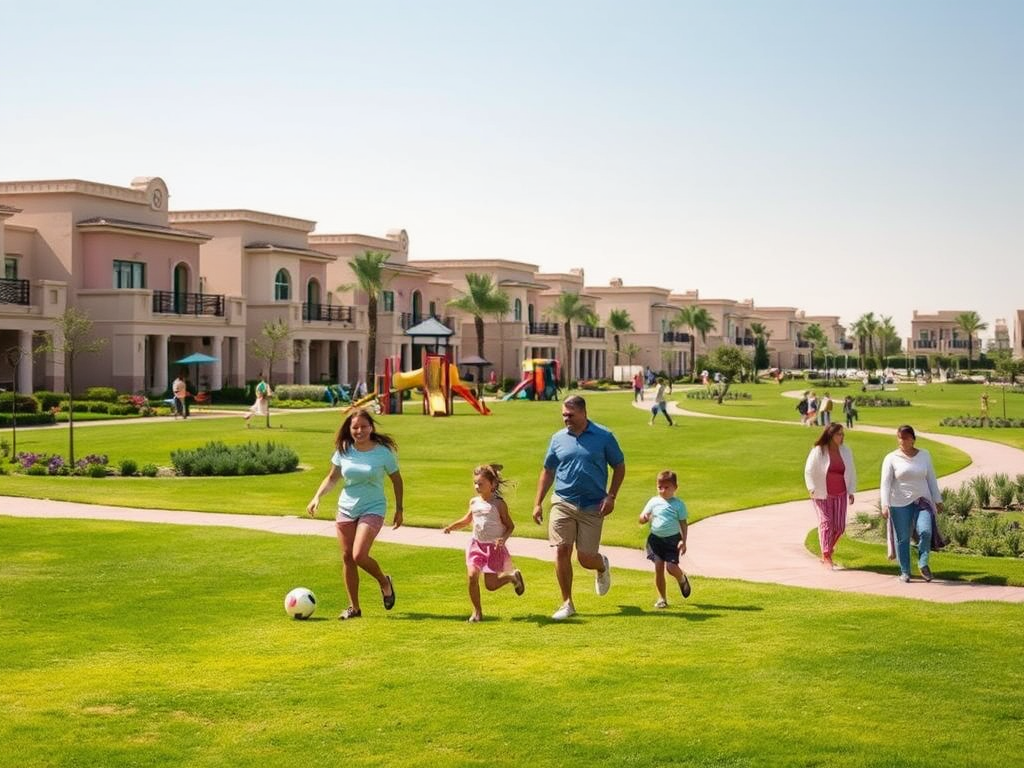 A family playing soccer on a sunny day in a lush green park surrounded by modern houses and playground equipment.