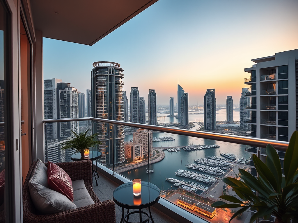 A balcony view of a city skyline at sunset, overlooking a marina with luxurious yachts and tall buildings.