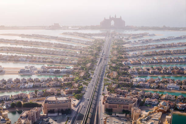 Aerial view of Palm Jumeirah in Dubai, featuring luxurious villas and the iconic Atlantis hotel in the distance.