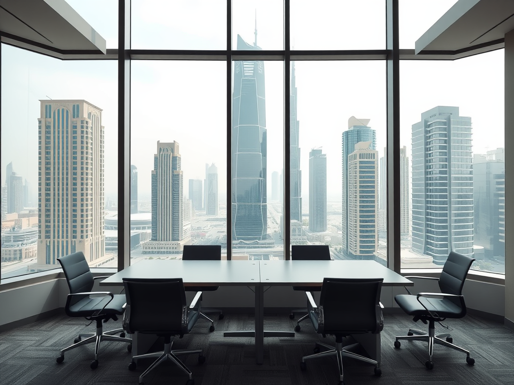 A modern conference room with a large table and chairs, overlooking a city skyline through floor-to-ceiling windows.