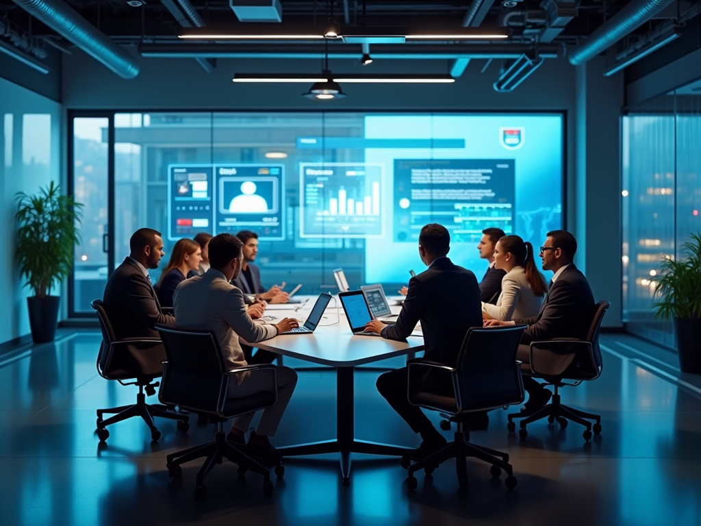 Business team in a meeting at a high-tech office at night, discussing data displayed on screens.