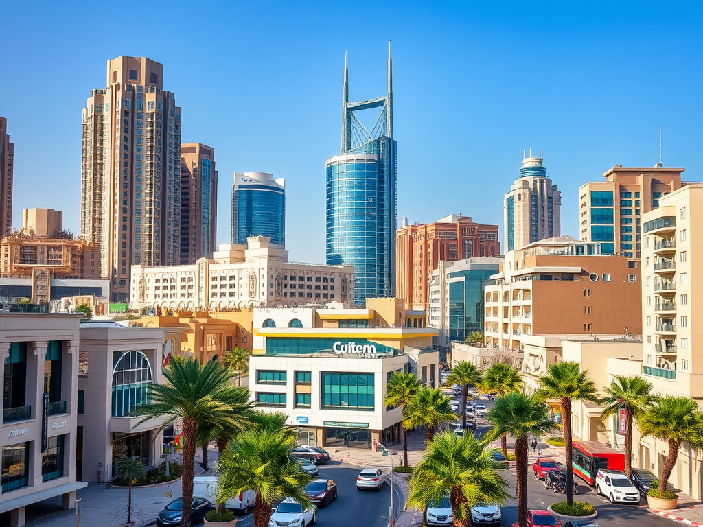 A view of a vibrant cityscape featuring modern skyscrapers and palm trees under a clear blue sky.