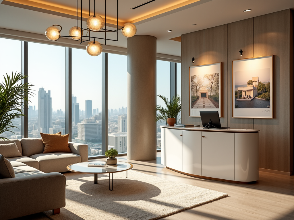 Modern office with city view, featuring a sofa, desk, and framed art, bathed in natural light.