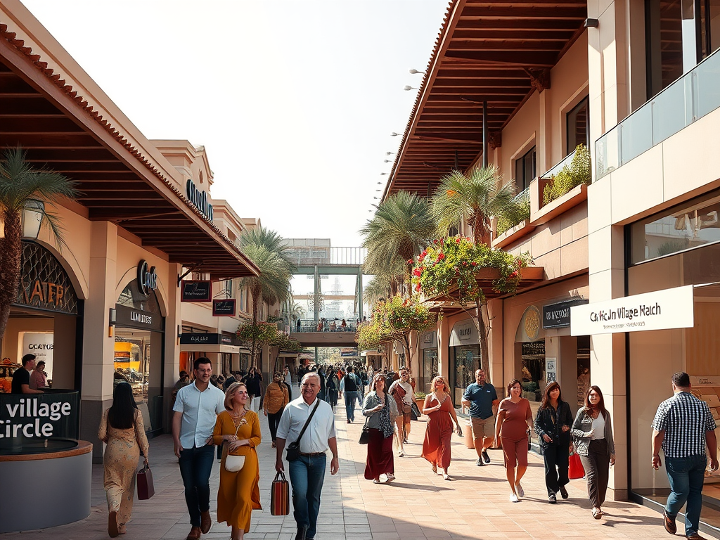 A busy outdoor shopping area with people walking, palm trees, and various shops, showcasing a vibrant atmosphere.