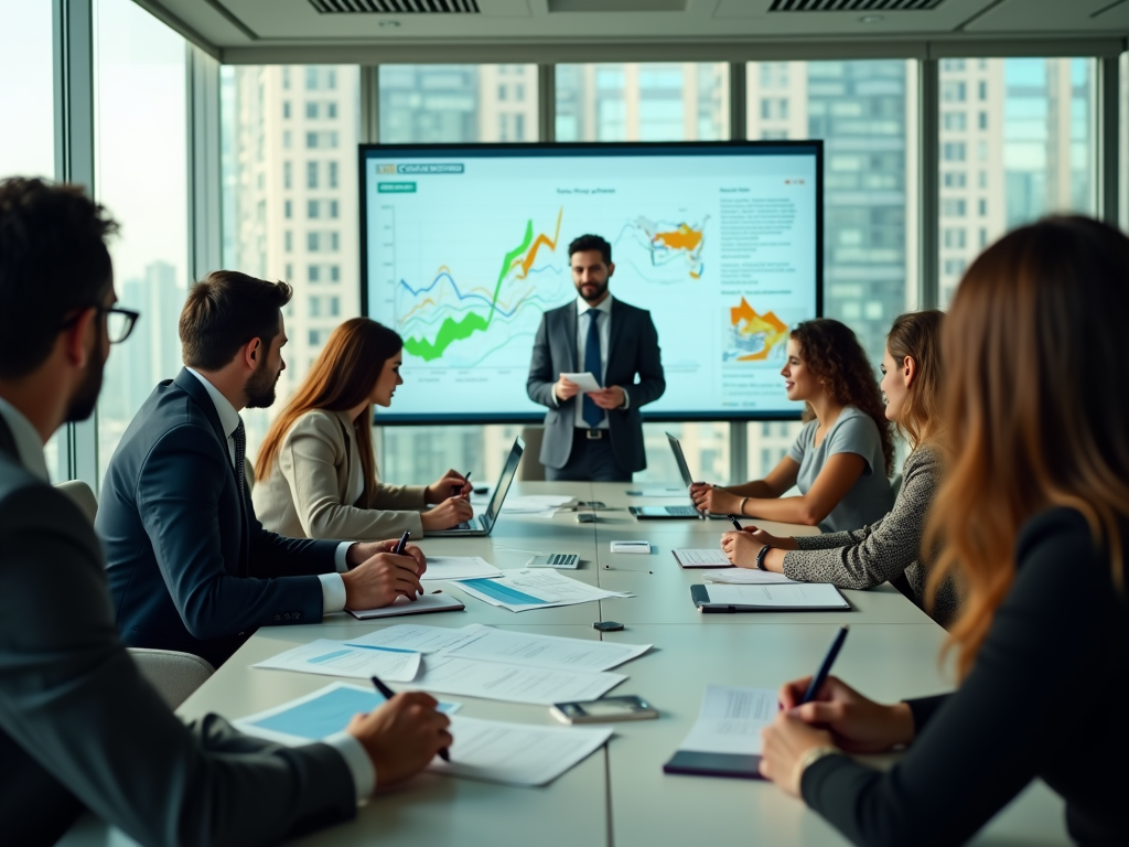 Business meeting in a modern office with a leader presenting data charts on a screen to colleagues.