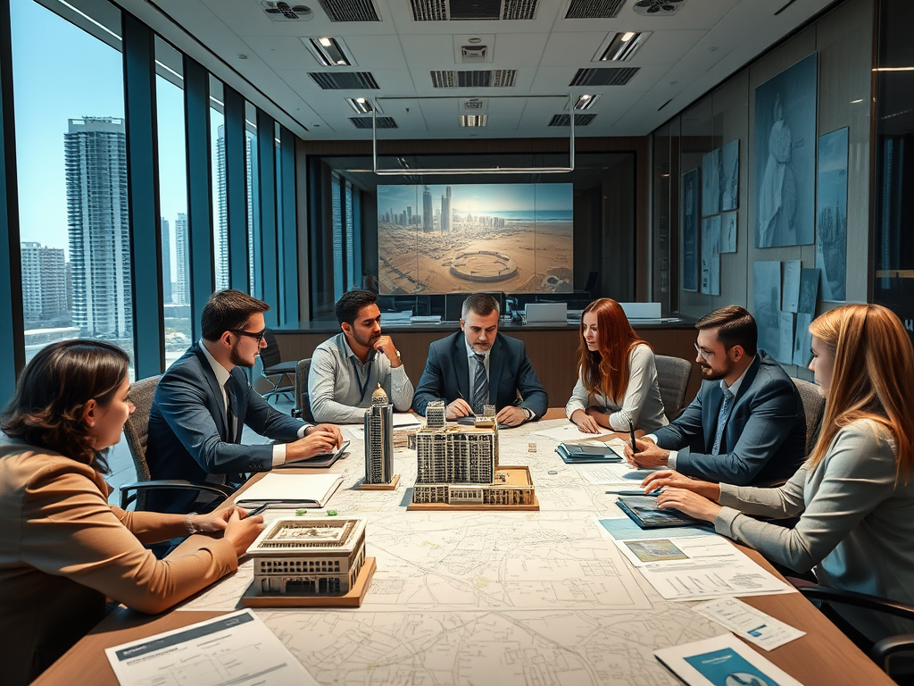 A group of professionals in business attire discussing plans around a table with blueprints and model buildings.