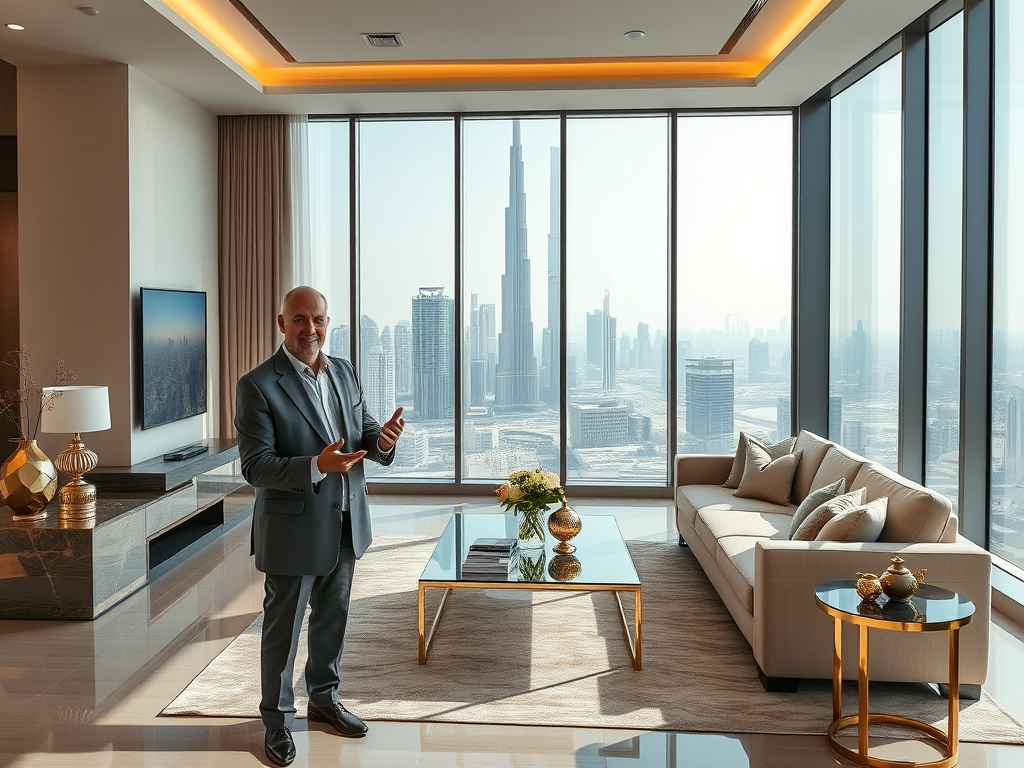 A well-dressed man stands in a modern living room with a city skyline view in the background.