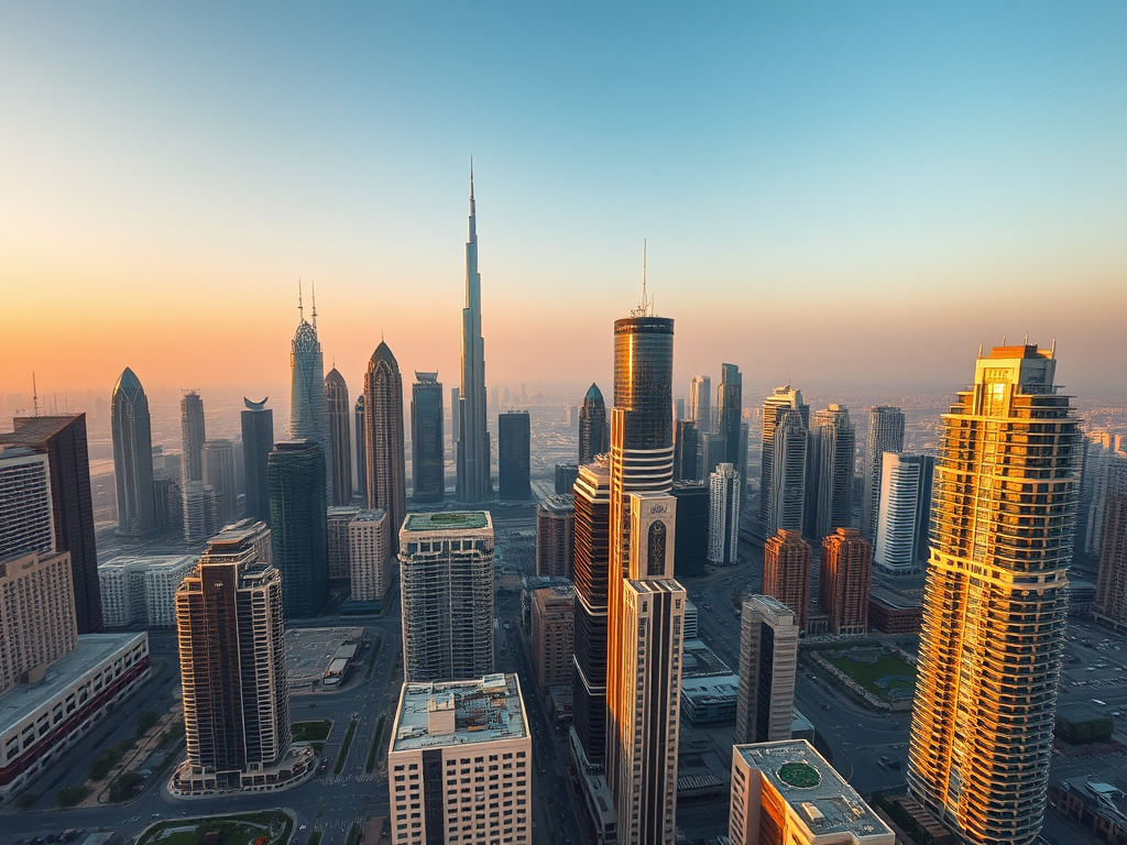 Aerial view of Dubai's skyline at sunrise, featuring the Burj Khalifa and modern skyscrapers.