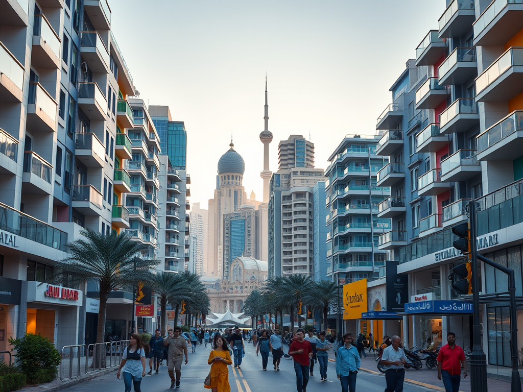 A busy city street with people walking, palm trees, modern buildings, and a skyline featuring unique towers.