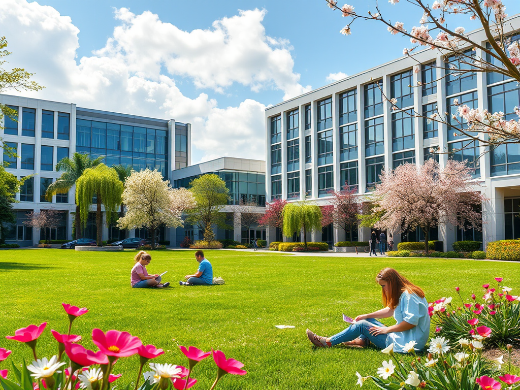 A bright, green courtyard with people reading and studying, surrounded by blooming trees and flowers.