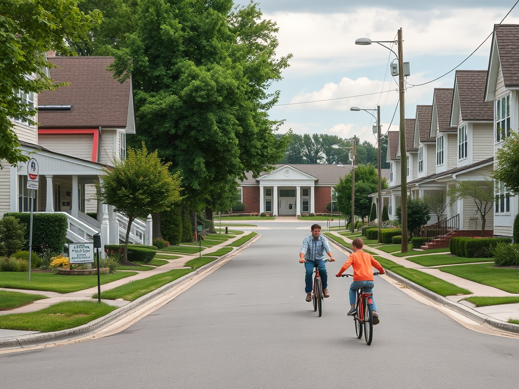 A man and a child ride bicycles on a quiet street lined with houses and trees on a sunny day.