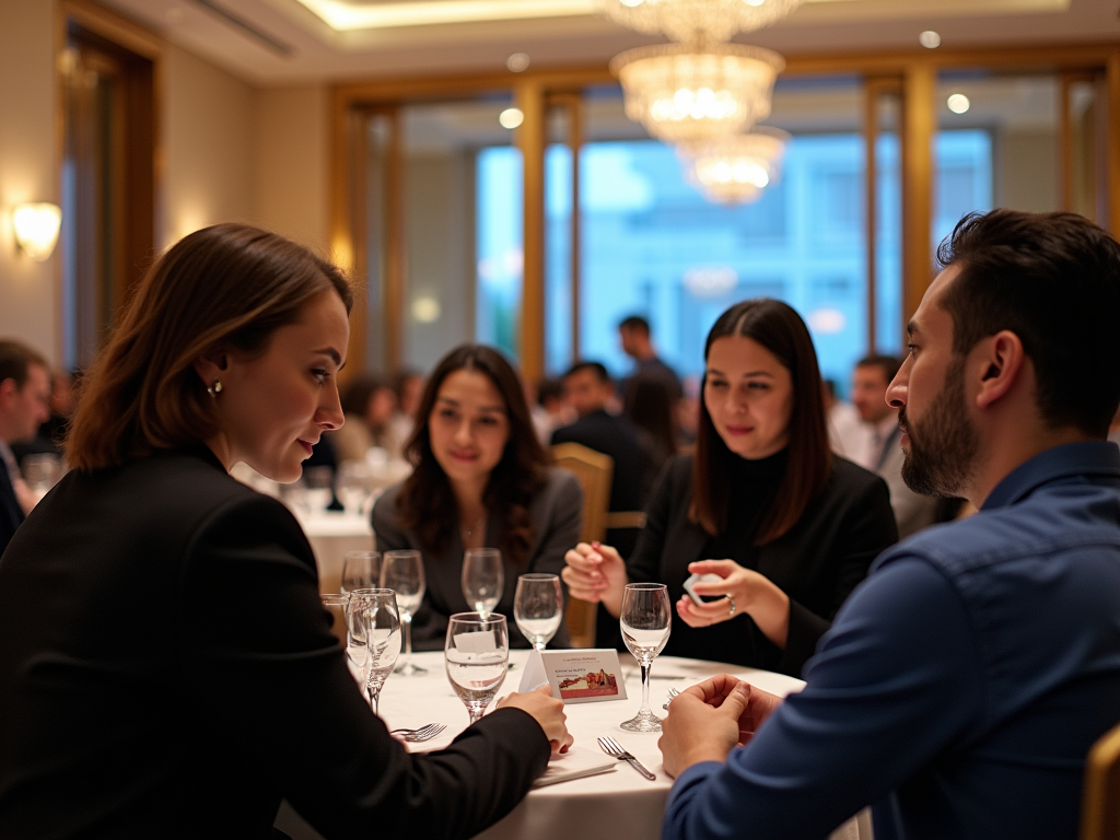 Four people engage in conversation at a formal dining event with elegant decor.