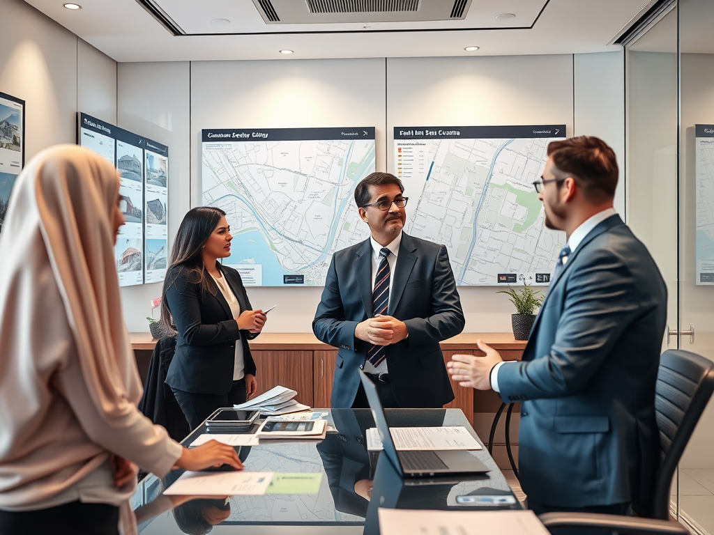 A diverse group of professionals engages in a discussion around a conference table with maps on the wall.