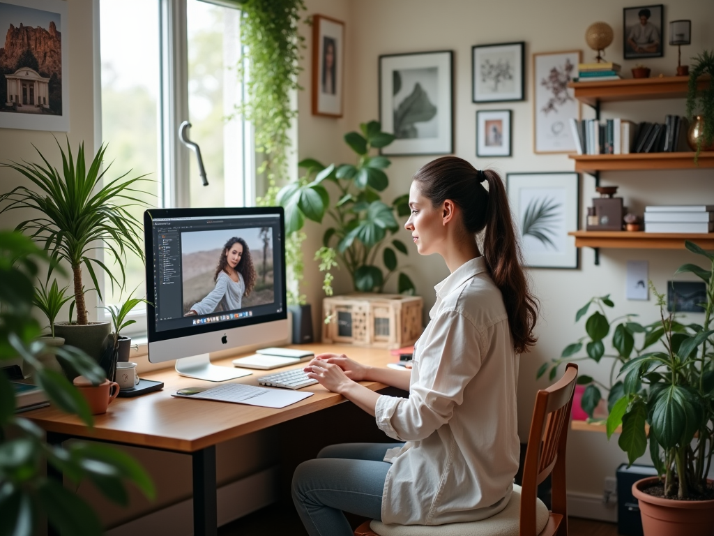 Woman editing a photo on her computer in a cozy, plant-filled home office.