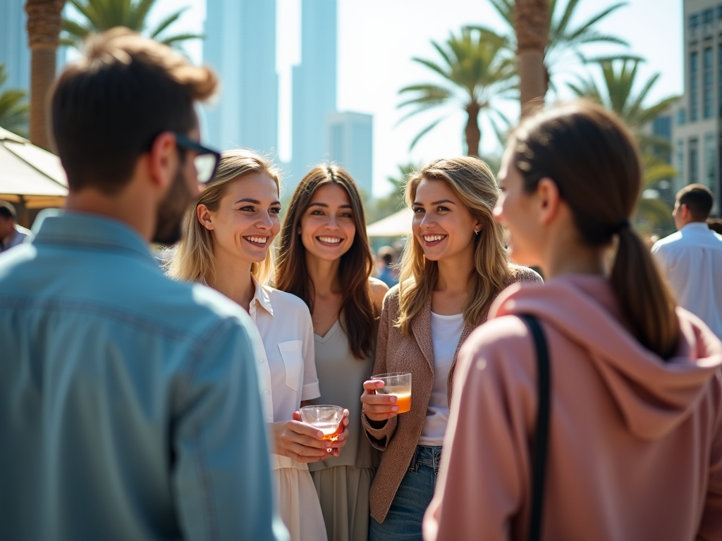 Group of young adults chatting and holding drinks at an outdoor gathering under palm trees.