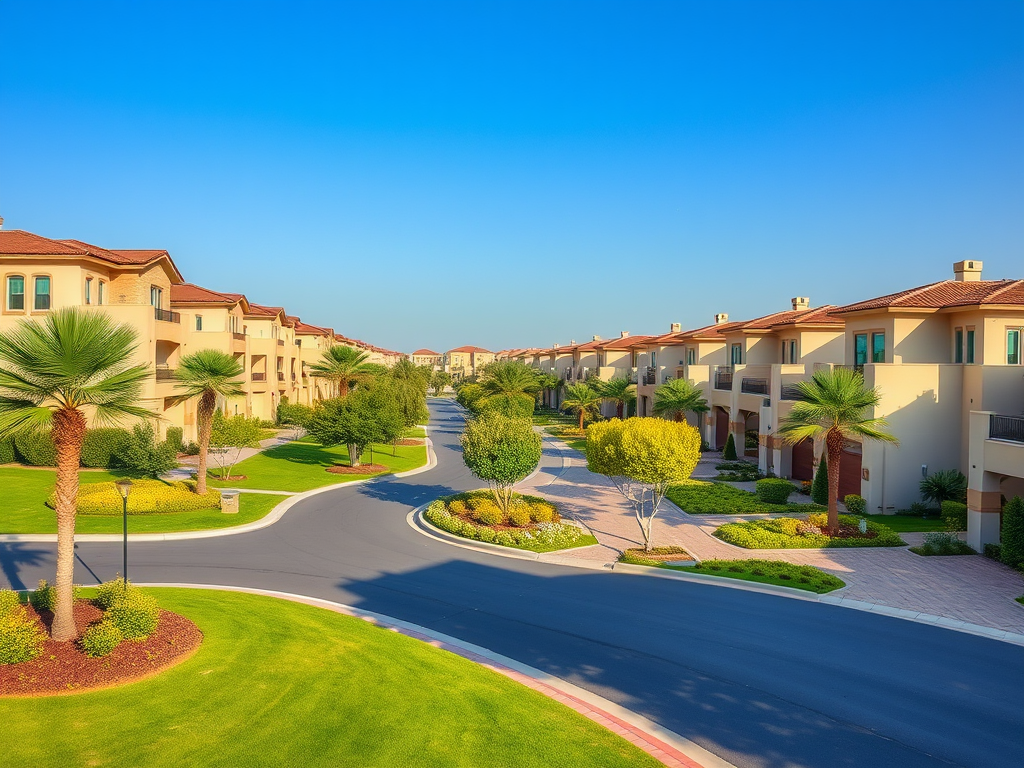 A sunny, landscaped residential area with palm trees, neat houses, and winding roads under a clear blue sky.