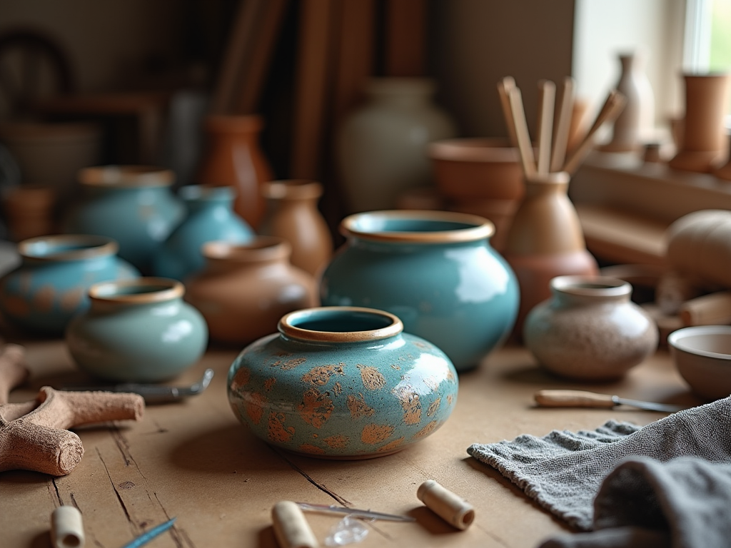 Artistic pottery studio with blue and brown ceramic pots, tools, and cloth on a wooden table.