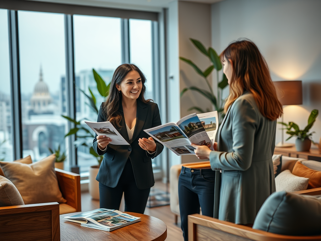 Two women in a modern office discuss property brochures, with a city view visible through large windows.