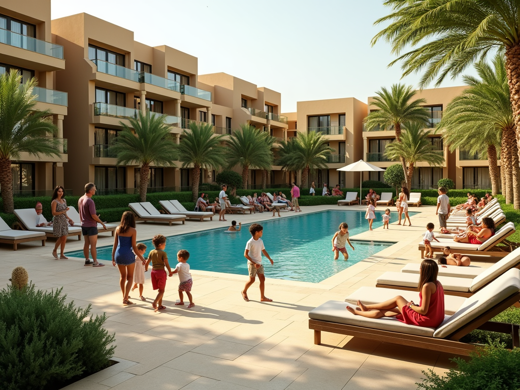 Families enjoying a sunny day by the pool at a modern resort with lush palm trees.