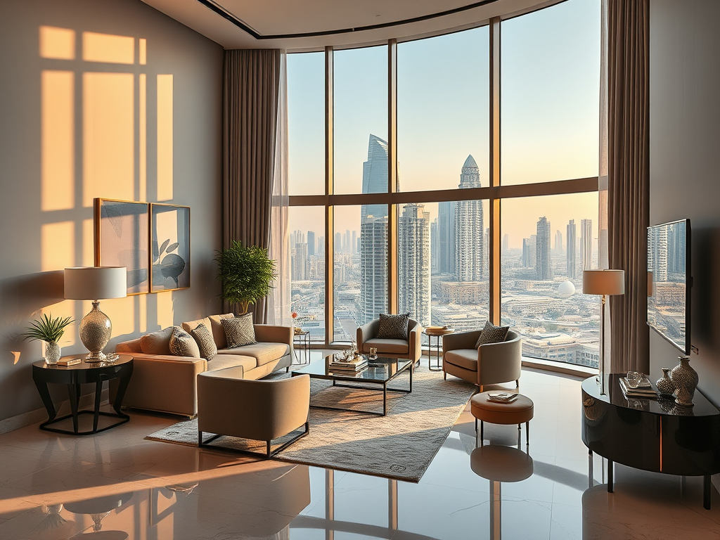 A modern, stylish living room with large windows overlooking a skyline at sunset, featuring elegant furniture and decor.