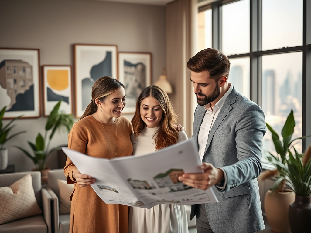 Three people examine building plans together in a modern, stylish living space filled with greenery.