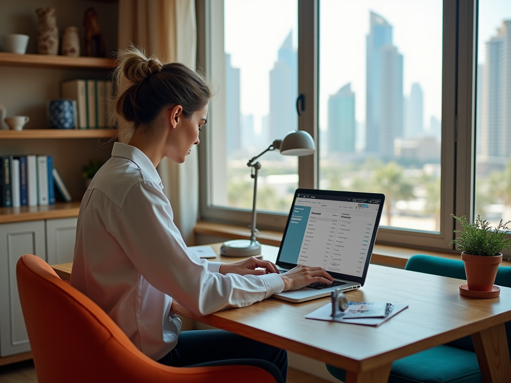 Woman working on laptop in a home office with city view through large windows.