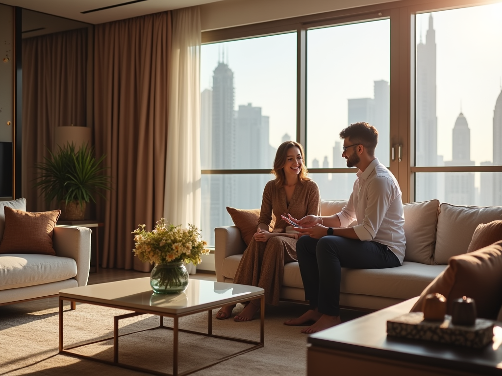 Couple conversing on a sofa in a sunny apartment with cityscape views.