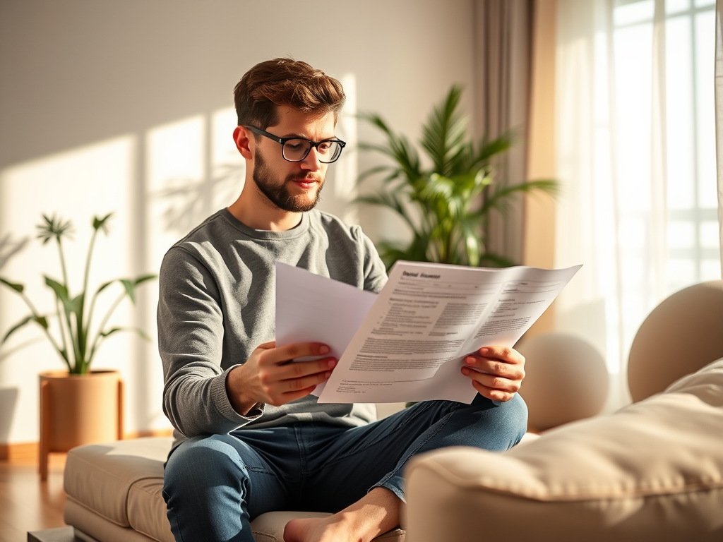 A young man in casual clothes sits on a couch, reading documents in a well-lit room with plants around him.