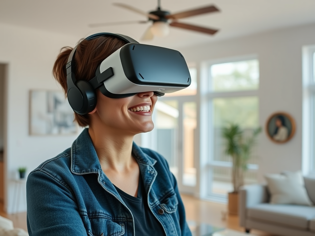 A smiling person with short hair wears a VR headset, enjoying a virtual experience in a bright, modern living room.