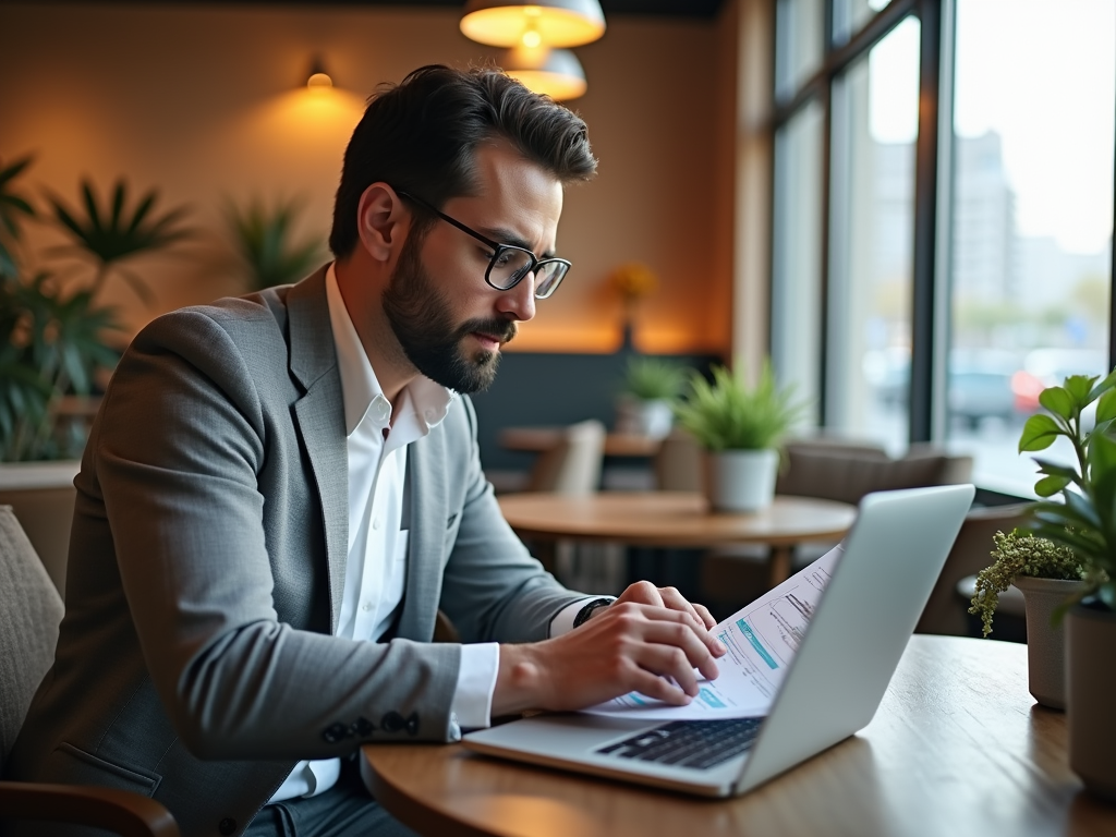 Man in suit working on a laptop in a cozy café setting.