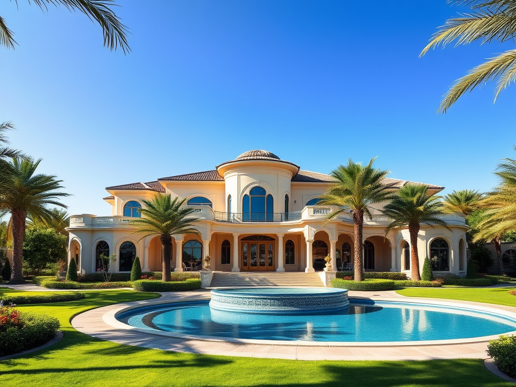 A luxurious mansion surrounded by palm trees and a blue swimming pool, set under a clear blue sky.