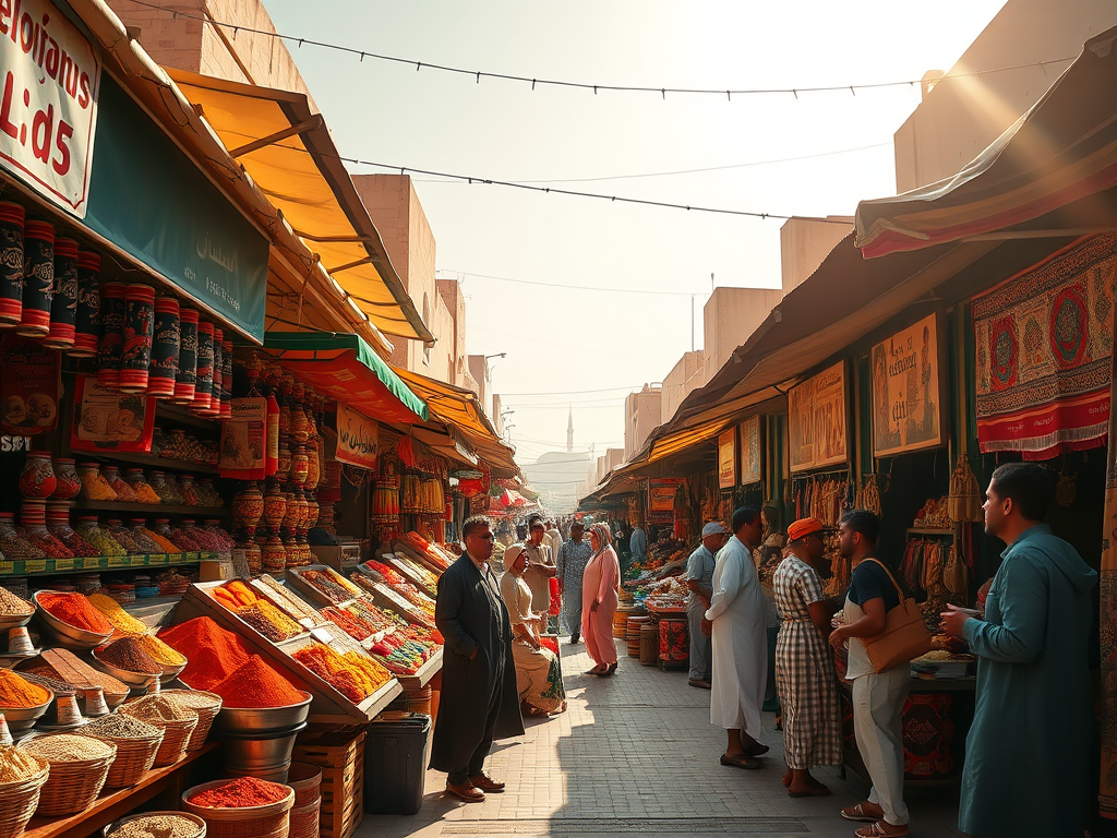 A vibrant market scene with colorful spices and people shopping under awnings in warm sunlight.