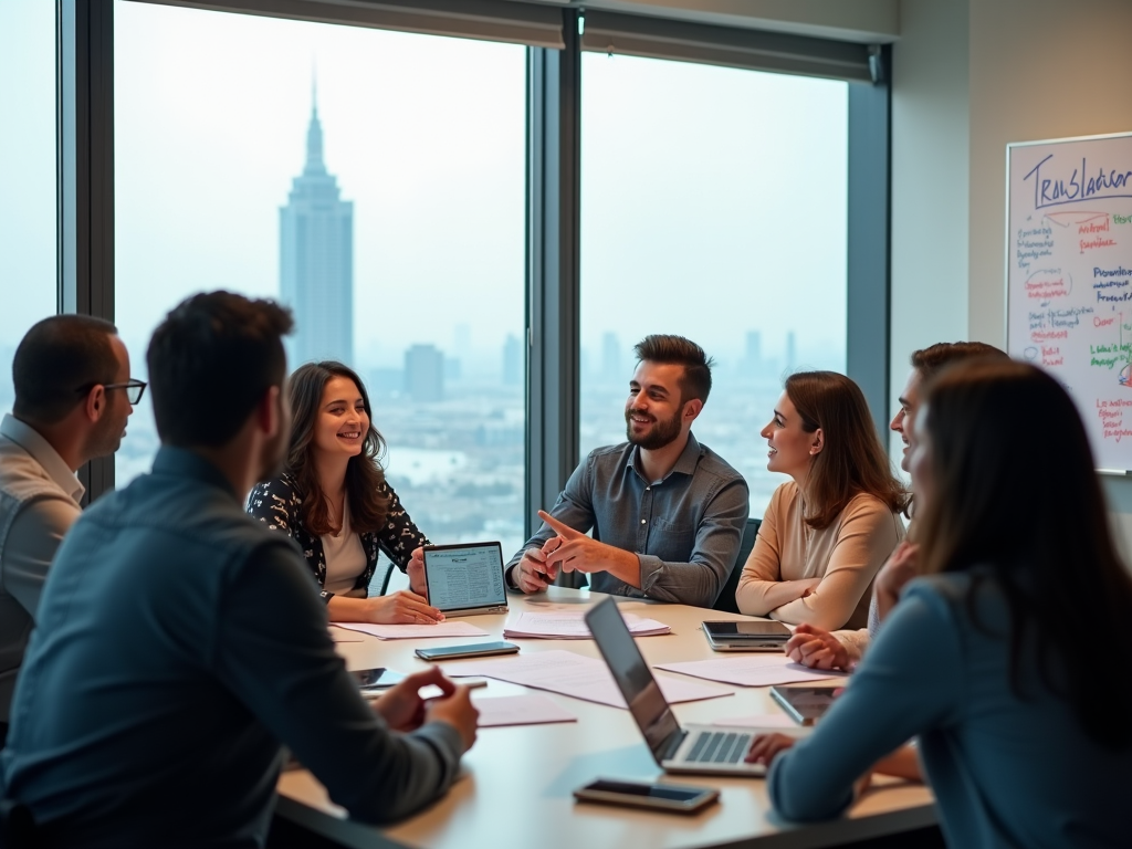 Group of professionals engaged in a discussion around a conference table with city skyline visible through window.