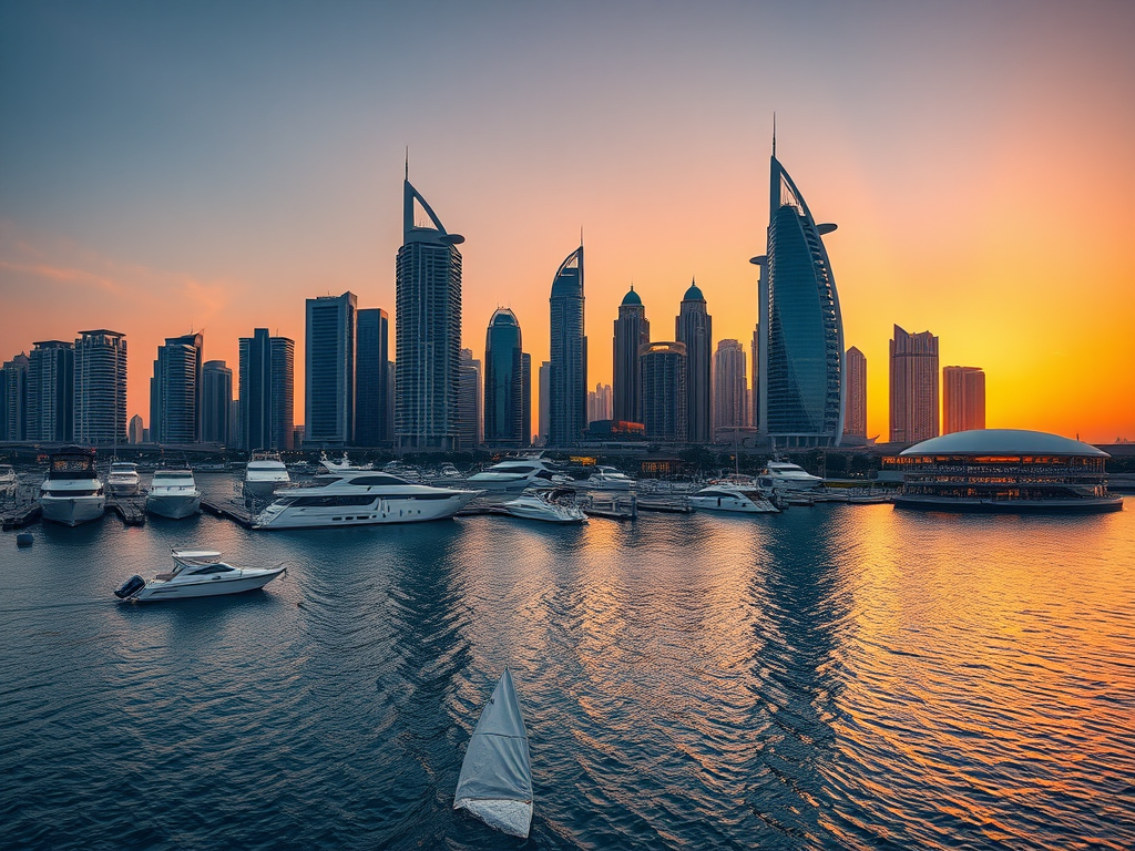 A skyline view of modern skyscrapers at sunset, reflecting in the water with boats docked in the foreground.