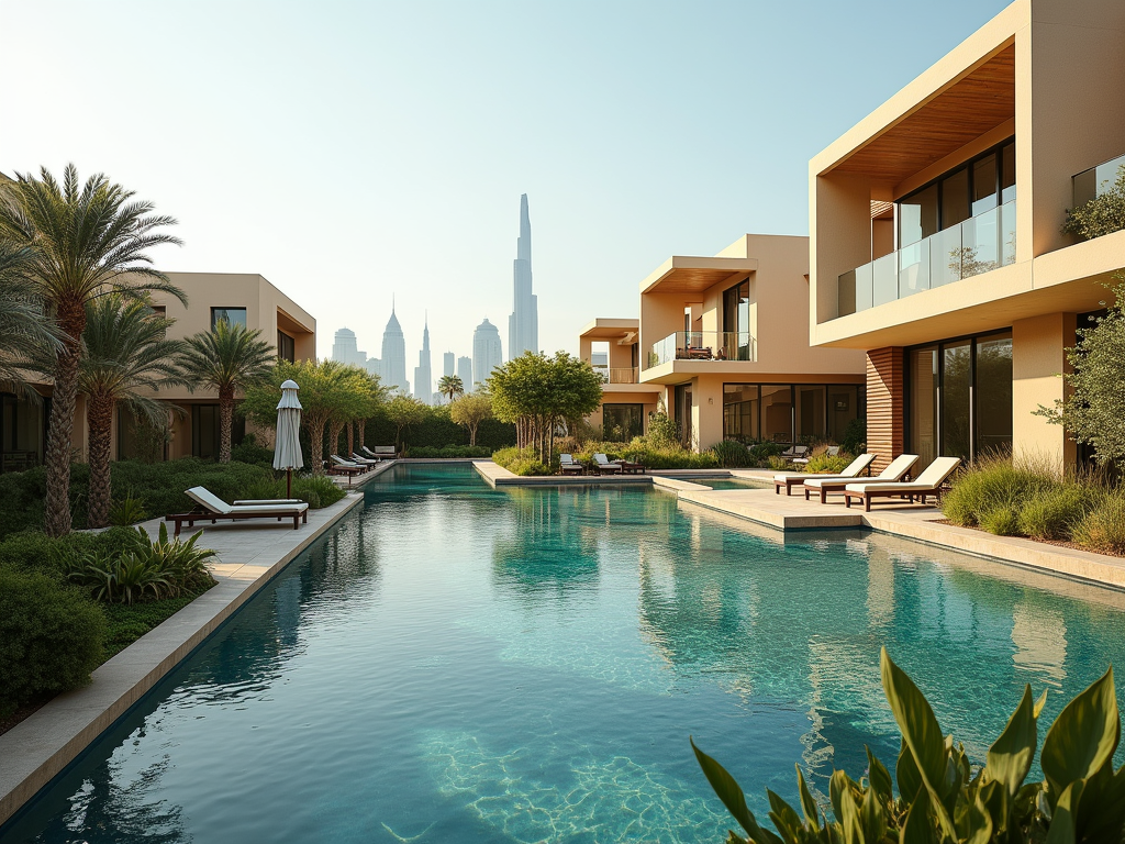 Luxurious poolside villas with a view of Dubai's skyline in the background.