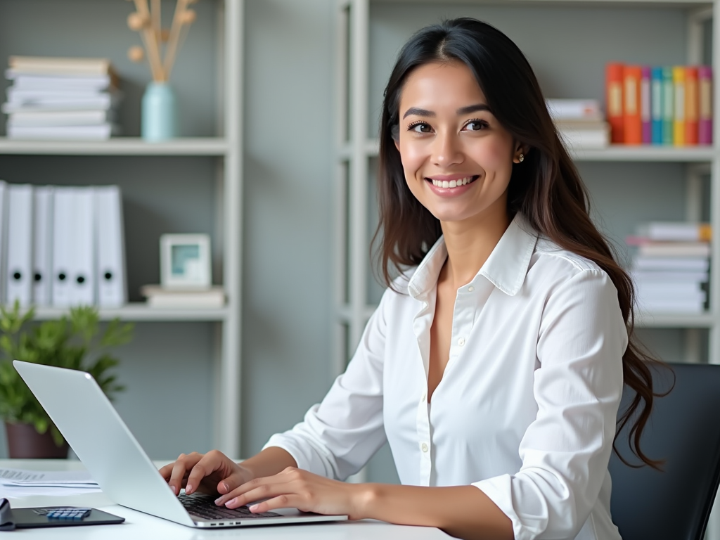 Smiling woman in white shirt working on laptop in office with bookshelves.