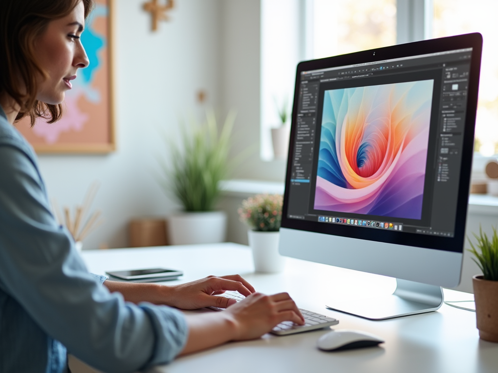 Woman editing a colorful abstract design on a computer in a bright office.