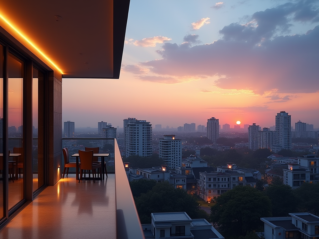 Sunset view from a high-rise balcony overlooking a cityscape with glowing orange sky.