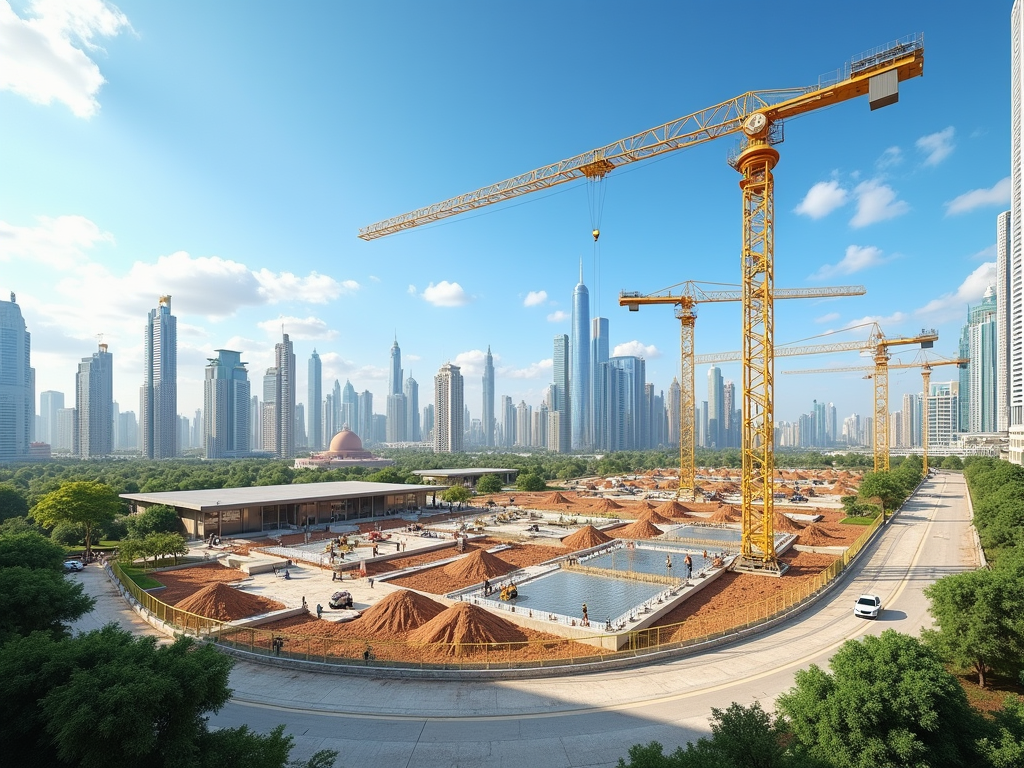 Construction site with multiple cranes and workers, set against a backdrop of a modern city skyline under a clear sky.