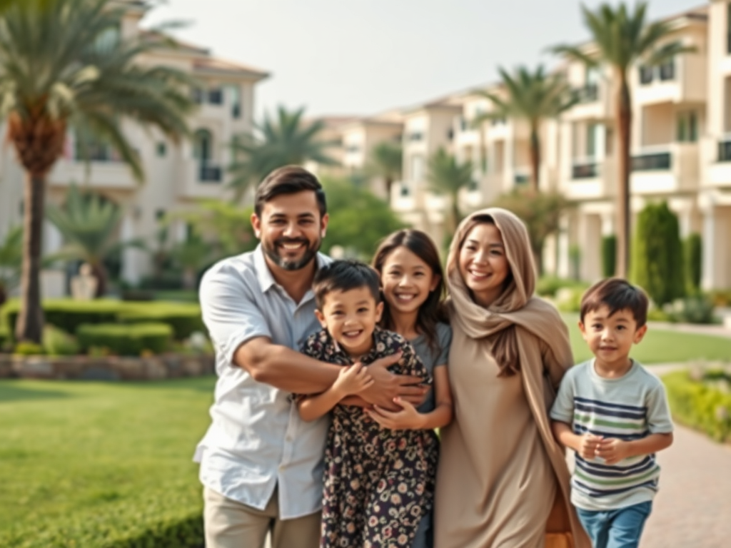 A smiling family of five poses together outdoors, surrounded by greenery and residential buildings in the background.