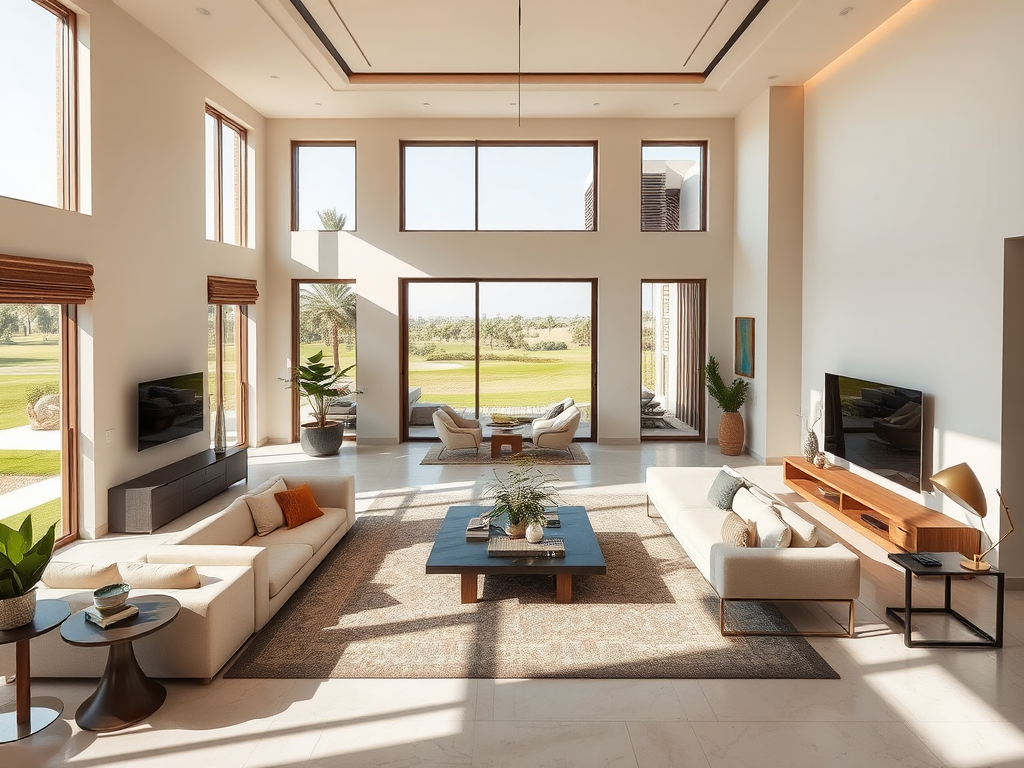 A spacious, modern living room with large windows, comfortable furniture, and a view of greenery outside.