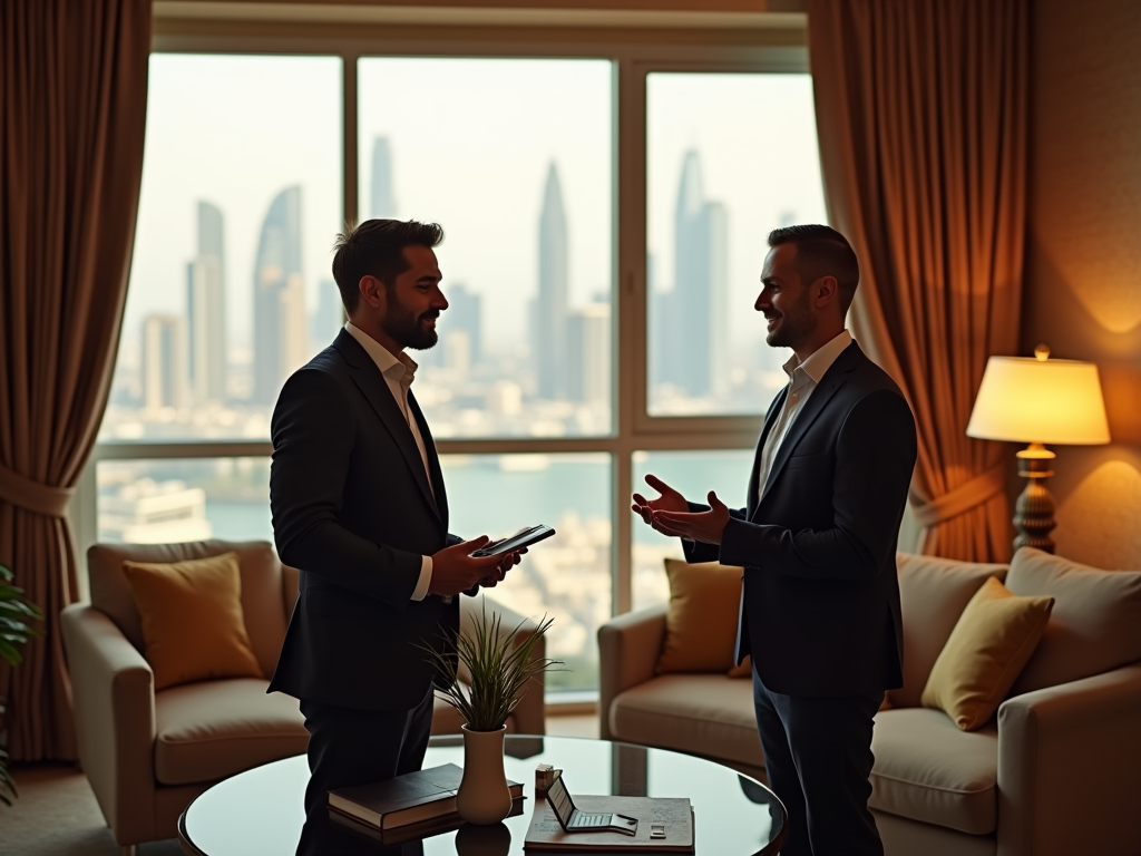 Two men in suits conversing in a luxury room with a city skyline view through a large window.