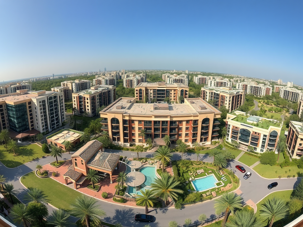 Aerial view of modern apartment buildings surrounded by lush greenery and landscaped gardens under a clear blue sky.