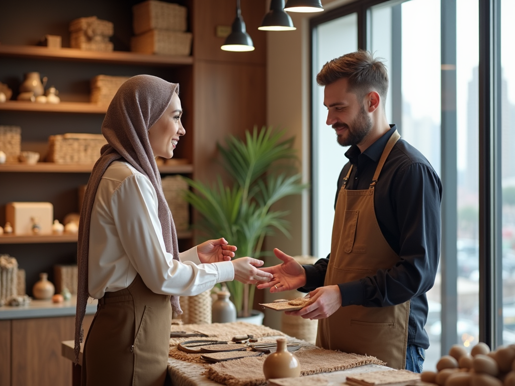 Woman in hijab happily conversing with a man in an apron at a crafts store.