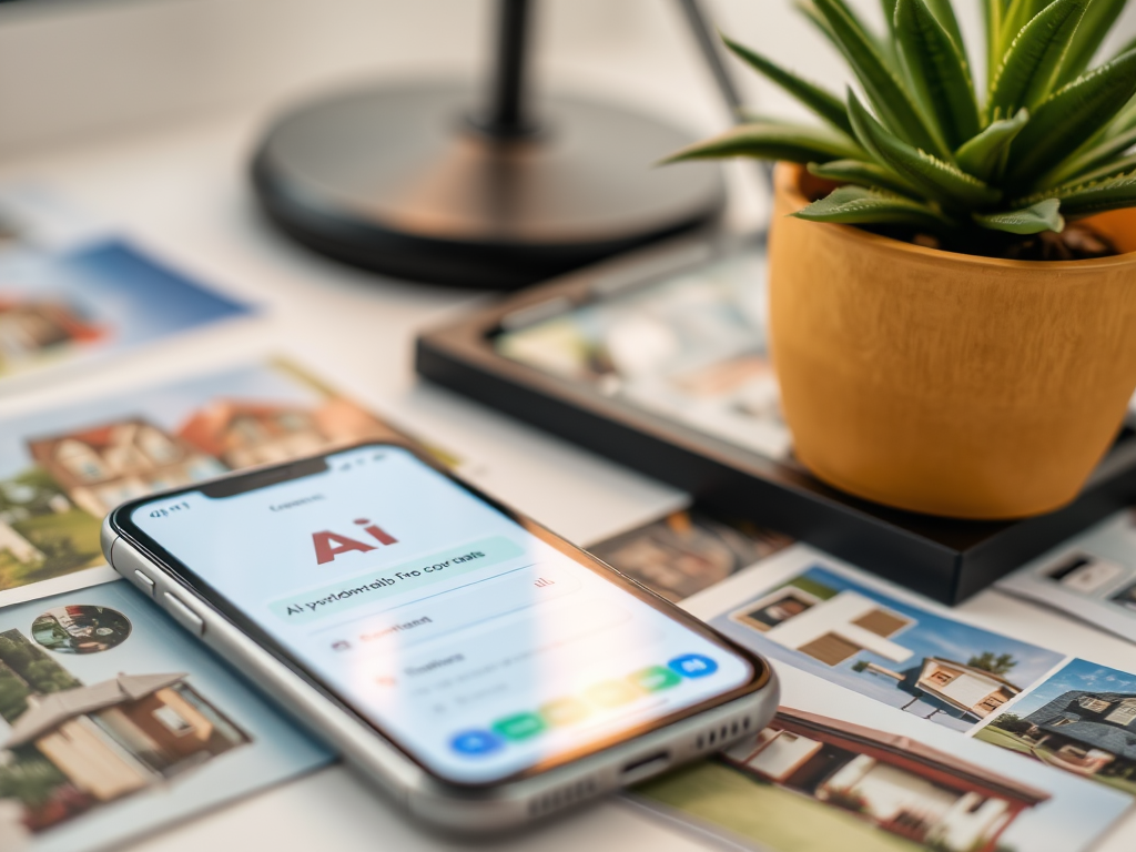 A smartphone displaying an AI application, surrounded by photos of houses and a small potted plant on a desk.