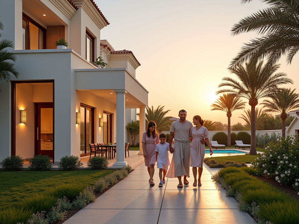 Family walking together near a luxurious house at sunset.